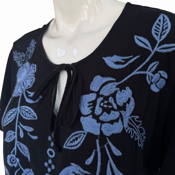 Johnny Was Lyra Tiered Black Cotton Blue Floral Embroidered Dress XL - Picture 3 of 6